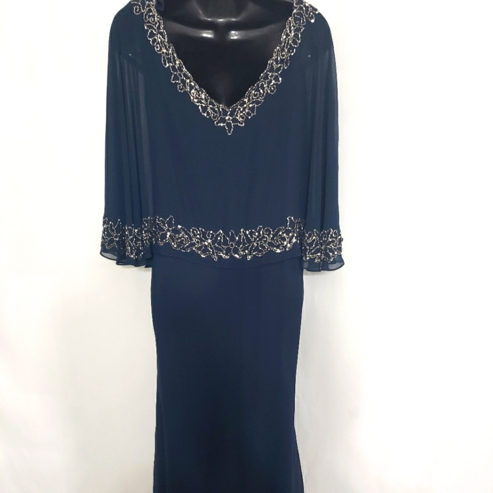 Jk Ara dress navy blue beaded trim cape